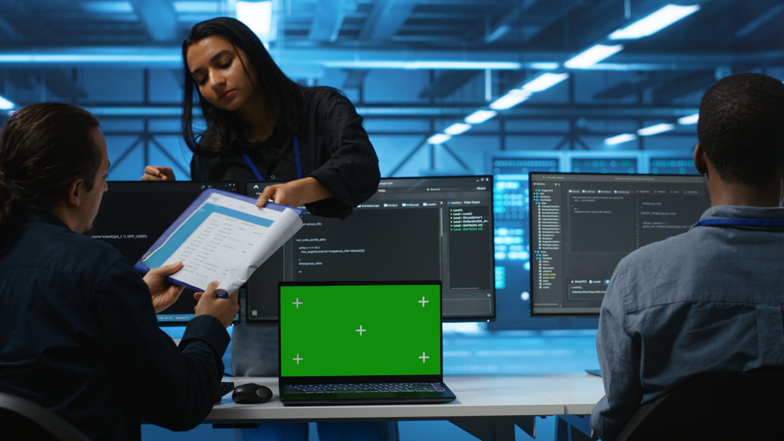 Team leader and employees overseeing supercomputers using mockup notebook